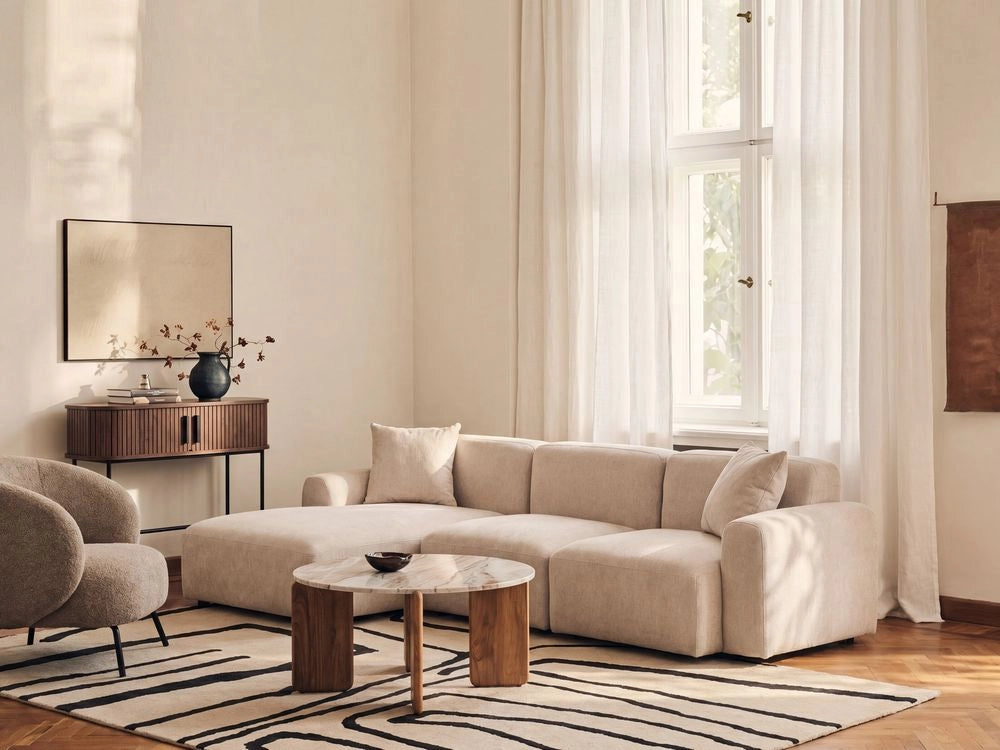 Divano modulare a 3 posti con disposizione a destra, tessuto idrorepellente, divano angolare beige chiaro lato destronsalotto moderno