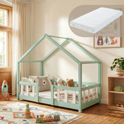 Letto per Cameretta Treviolo a Forma di Casetta in Stile Montessori con Materasso 70x140 cm - Menta Verde/Bianco [en.casa]