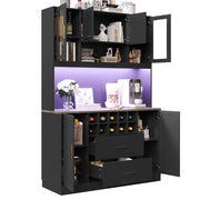 Credenza da Cucina Alta con 6 Ante; 2 Cassetti; Portabottiglie; LED e Prese USB; per Cucina; in MDF; Nero