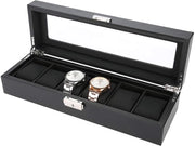 Cassa orologio con 6 compartimenti, 6 scatole in legno, cassa orologio con vetrata e cuscino orologio, sottocassa orologio con coperchio in vetro & cuscino orologio, contenitore per gioielli in pelle PU per regalo per amico o partner (nero)