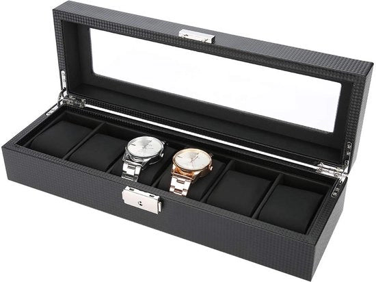 Cassa orologio con 6 compartimenti, 6 scatole in legno, cassa orologio con vetrata e cuscino orologio, sottocassa orologio con coperchio in vetro & cuscino orologio, contenitore per gioielli in pelle PU per regalo per amico o partner (nero)