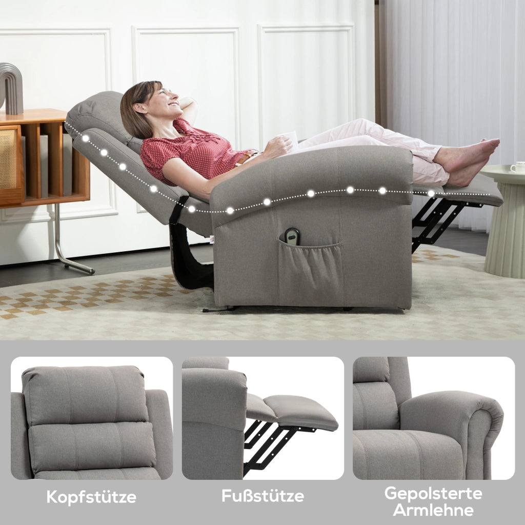 Poltrona Relax Elettrica con Sollevamento, Massaggio, Riscaldamento e Funzione Reclinabile, Grigio Chiaro