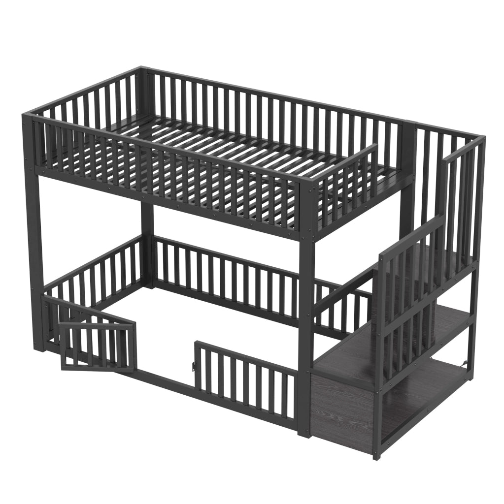 Letto a castello basso 90x200 cm con LED e scala contenitore in MDF e metallo nero