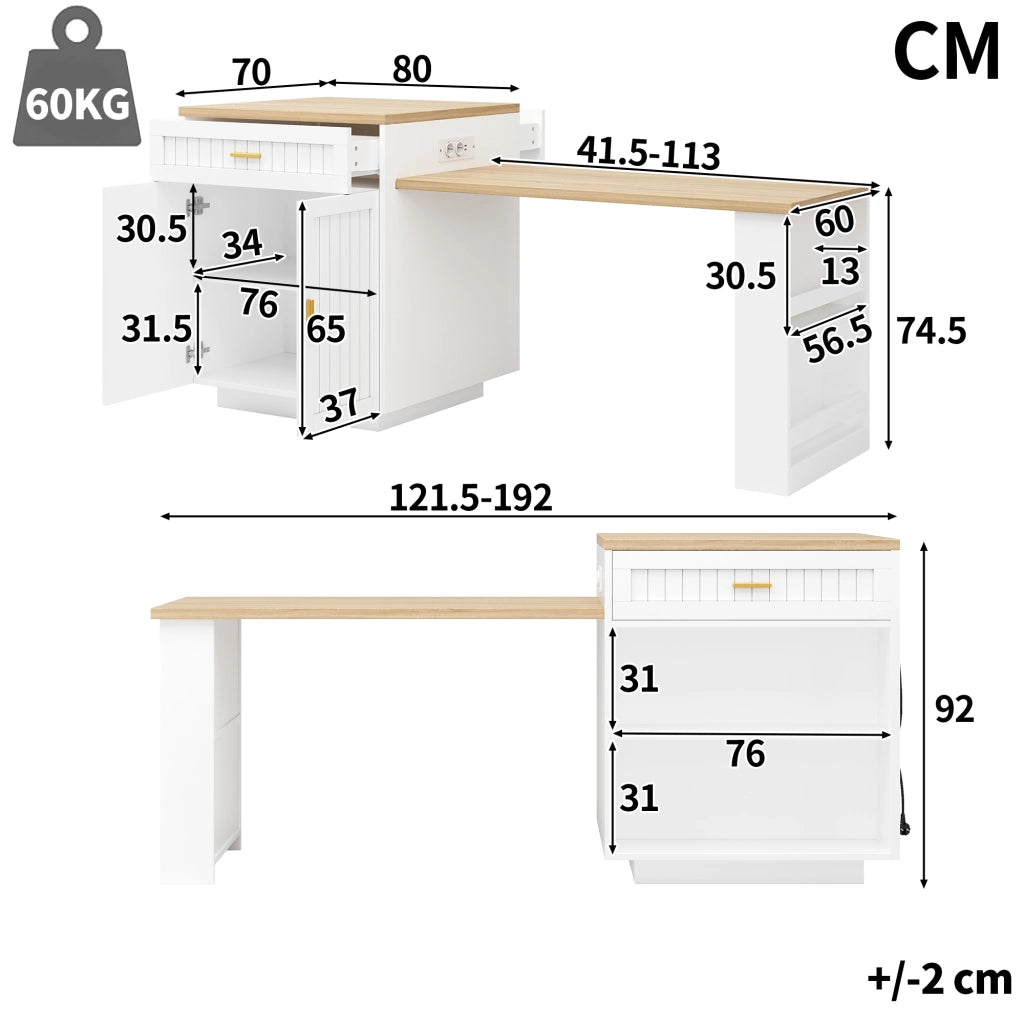 Carrello da cucina estensibile con presa integrata; 1 cassetto; ante e ripiani regolabili; per cucina; 121;5 × 70 × 92 cm