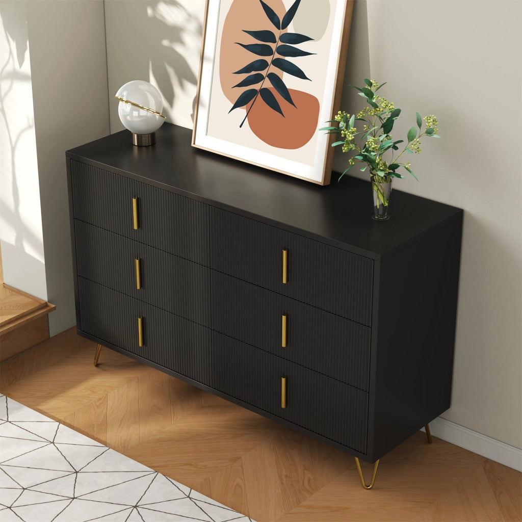 Credenza moderna minimalista con 6 cassetti in truciolare nero e oro, superficie ondulata, 120 × 40 × 77 cm