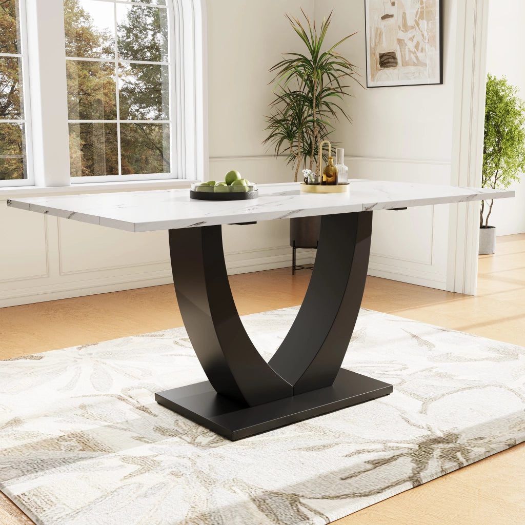 Tavolo da pranzo con piano effetto marmo, struttura in MDF e metallo, per cucina e soggiorno, bianco nero, 140 × 75 × 75,5 cm