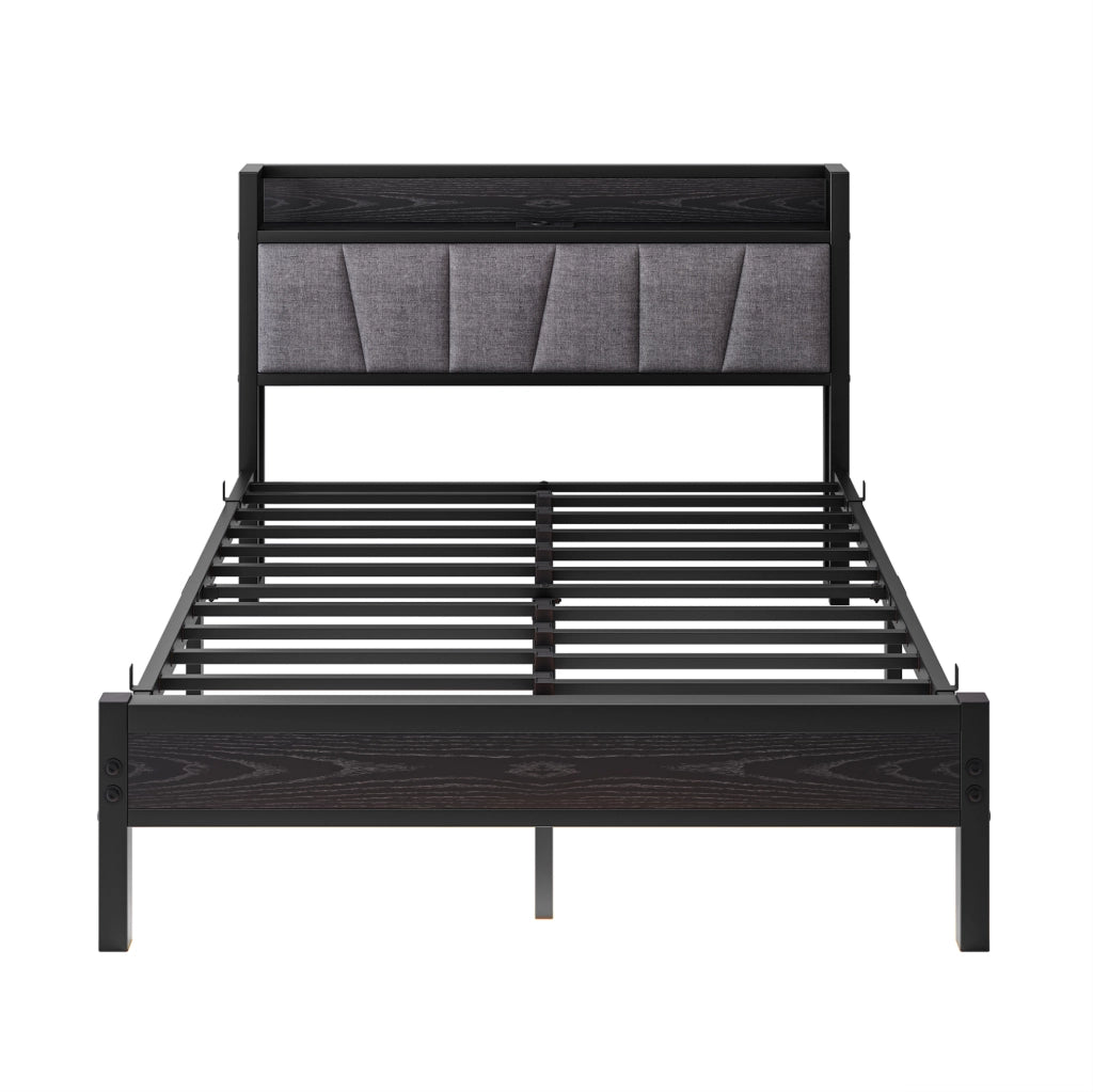 Letto matrimoniale 140x190 cm con LED; testiera contenitore e ricarica USB; nero
