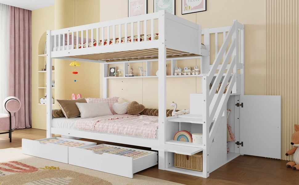 DESMIU Letto a castello 90 × 200 cm 2 posti con scala, armadio, cassetti, ripiani e senza materasso, bianco