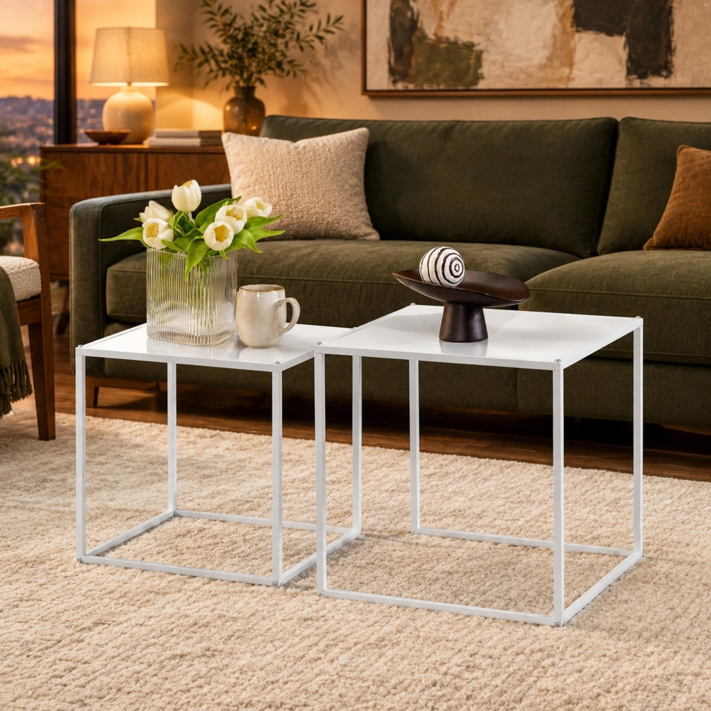 Set di 2 tavolini quadrati in acciaio bianco