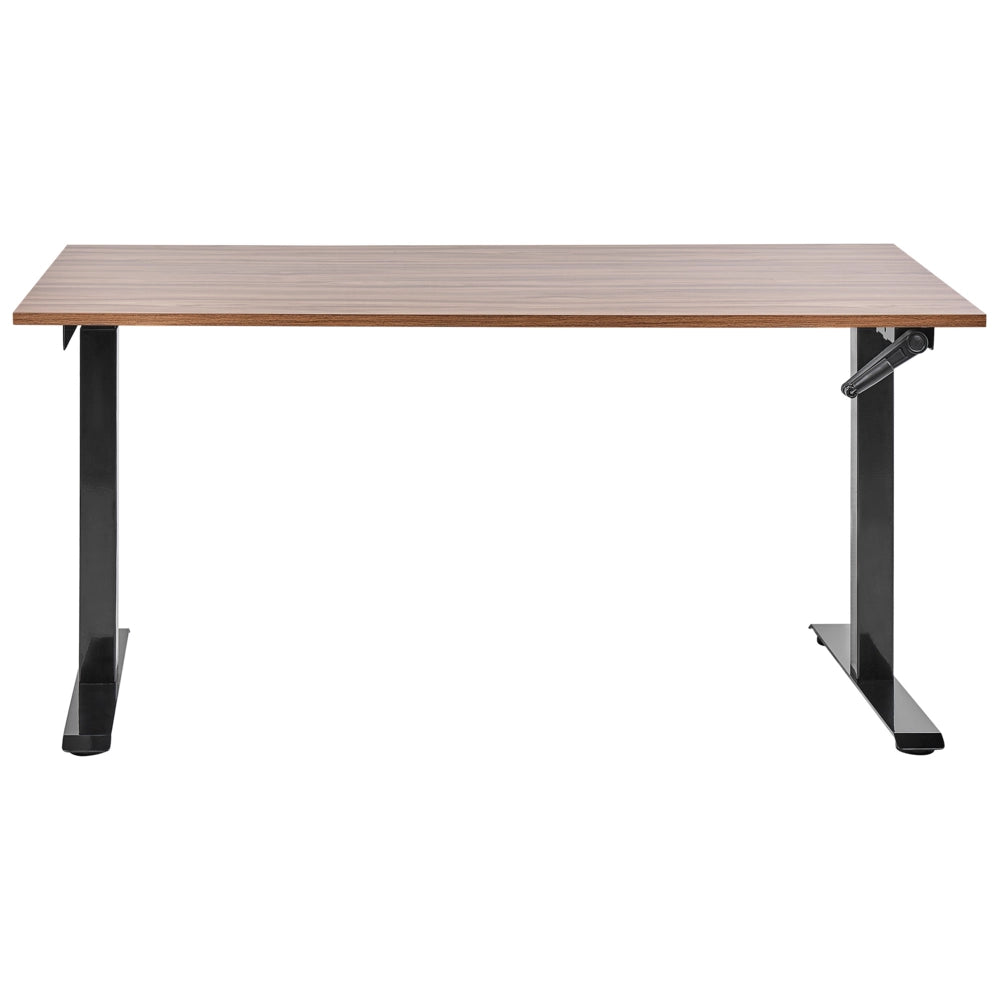 Scrivania regolabile manualmente in altezza Piano del tavolo legno scuro Telaio in acciaio nero 160 x 72 cm Piedi quadrati Design moderno Ufficio