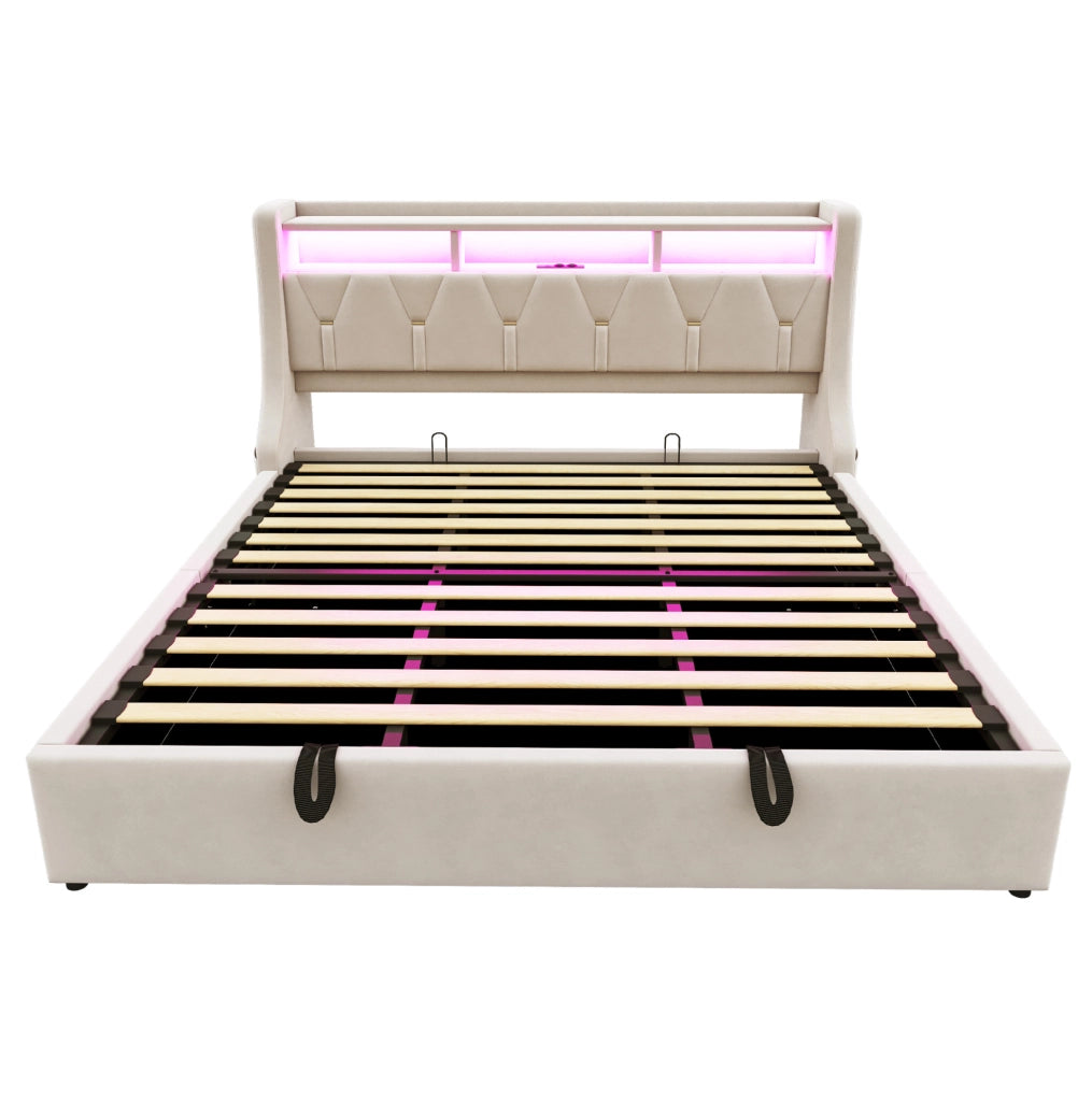 Letto imbottito 180x200 cm con contenitore idraulico, LED e testiera multifunzione