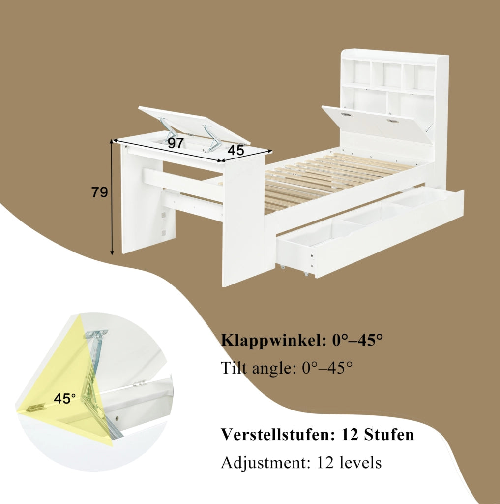 Letto singolo 90x200 cm con tavolo pieghevole e cassetto