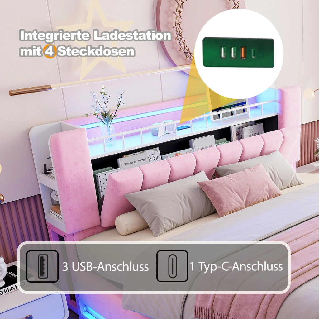 Letto Contenitore 180x200 cm; LED; USB e vano testiera - in Velluto Rosa