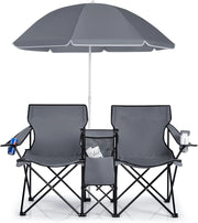 Set di 2 Sedie da Campeggio Pieghevoli, con Ombrellone e Tavolino Contenitore, Resistente e Leggero, Capacità 113 kg (grigio)