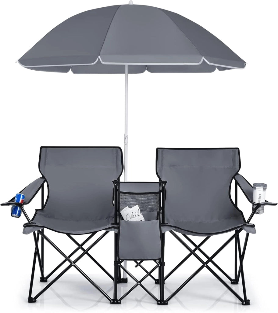 Set di 2 Sedie da Campeggio Pieghevoli, con Ombrellone e Tavolino Contenitore, Resistente e Leggero, Capacità 113 kg (grigio)