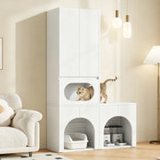 Mobile coperto per lettiera per gatti con 2 vani toilette, zona riposo e armadio, bianco, 140 × 45 × 195 cm