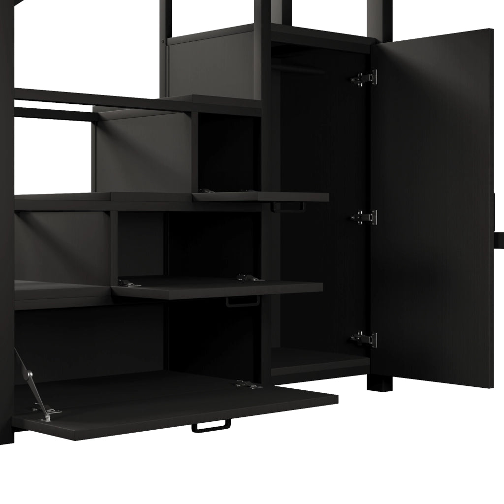 LETTO a soppalco 140x200 cm in metallo nero con LED, armadio e vani contenitore