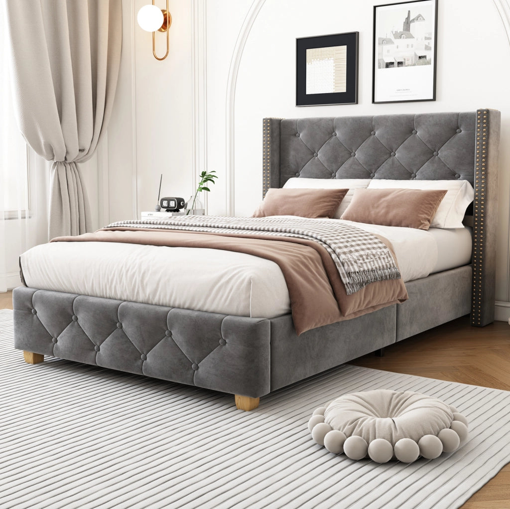 Letto imbottito 90x200 cm; testiera capitonn茅 e dettagli borchiati; velluto grigio (Senza materasso)