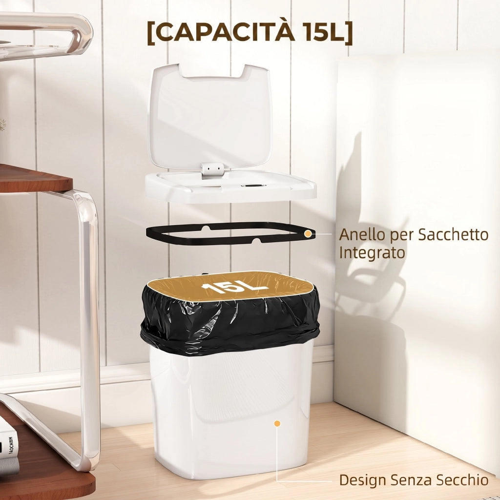 Pattumiera con Sensore a Infrarossi da 15L con 2 Modalità di Apertura Superficie Anti-impronte in ABS e PP Bianco