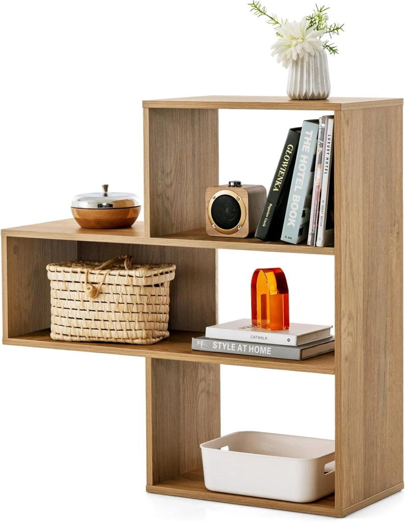 Libreria a Forma Convessa/Concava, Scaffale Aperto a 3 Ripiani in Legno, Scaffale da Esposizione con Dispositivo Antiribaltamento, per Soggiorno Ufficio Camera da Letto (Concava)