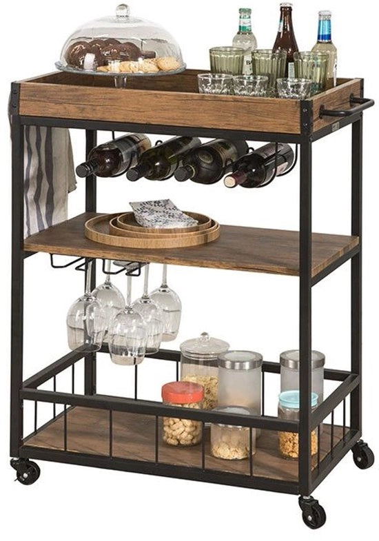 Carrello da Bar - Carrello Rotante - Servizio Trolley - Trasporto Facile - 79x90x40cm - MDF & Metal con rivestimento in legno