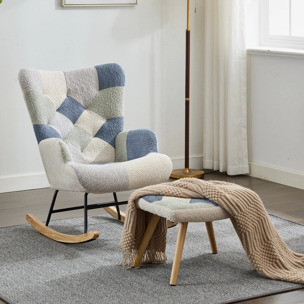 SEDIA A DONDOLO con poggiapiedi 122x68x91 cm Beige e Blu
