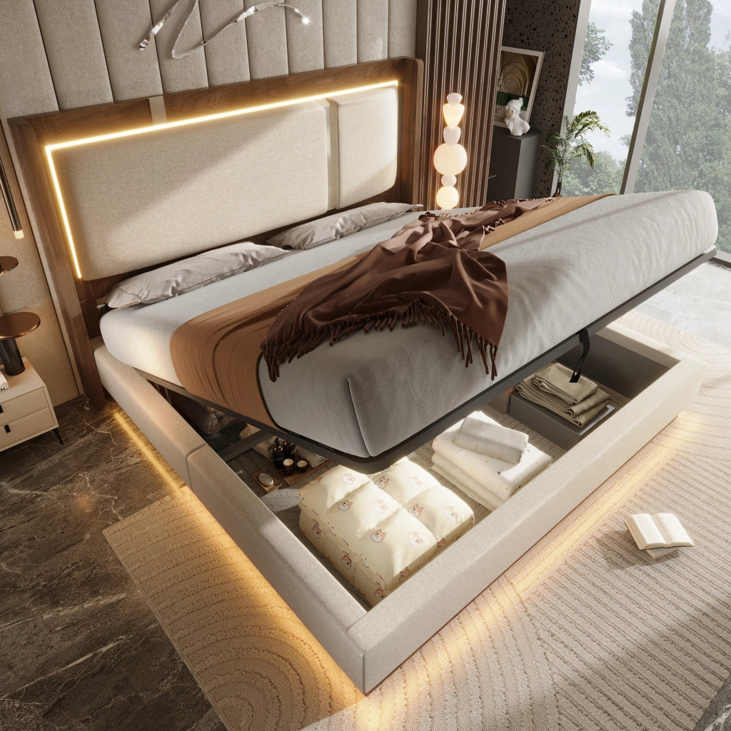 Letto Matrimoniale 140x200 cm; Contenitore; LED; in Lino e Legno; Beige e Noce