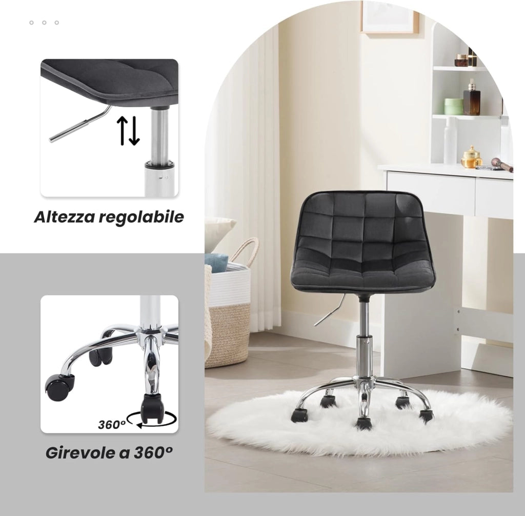 Sedia per Studio Infantile Girevole Senza Braccioli, Sedia da Scrivania per Bambini con Rotelle, Altezza Regolabile, Velluto, Grigio Scuro