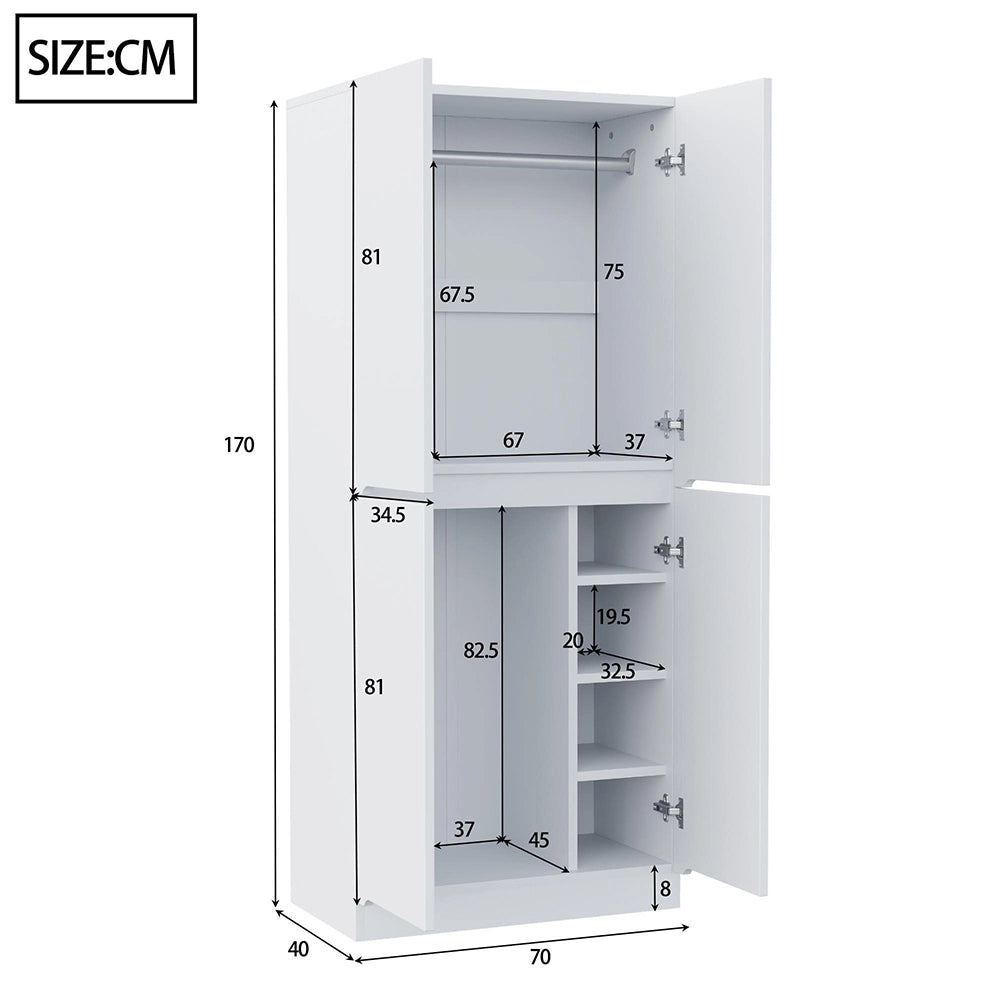 Armadio 2 ante 70x40x170 cm - Xylo - con piccolo ripiano, colore bianco