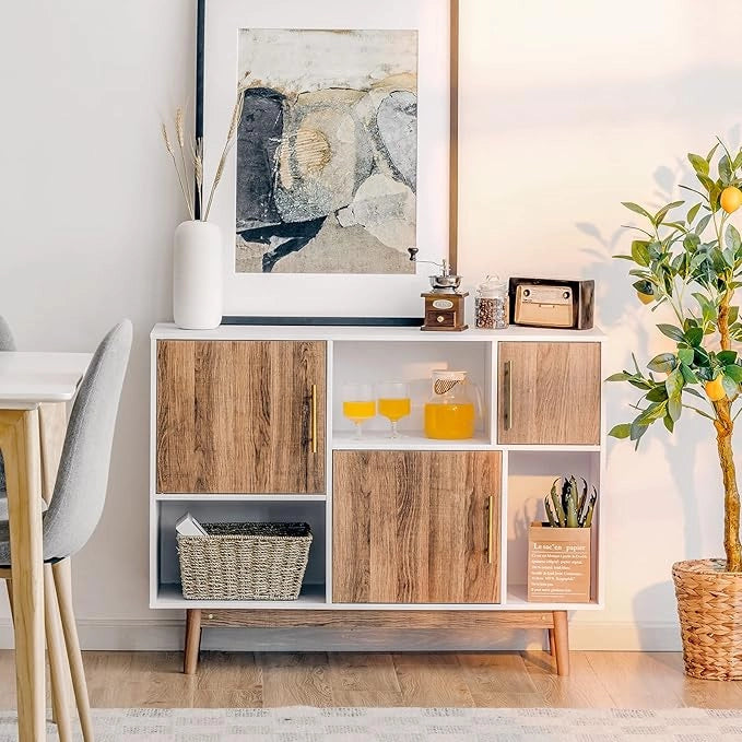 Mobile con 3 Ante e Scompartimenti, Armadietto da Interno Moderno e Versatile, con Gambe, Ideale per Ingresso, Soggiorno e Cucina, 95 x 31 x 76 cm, Bianco e Caffè