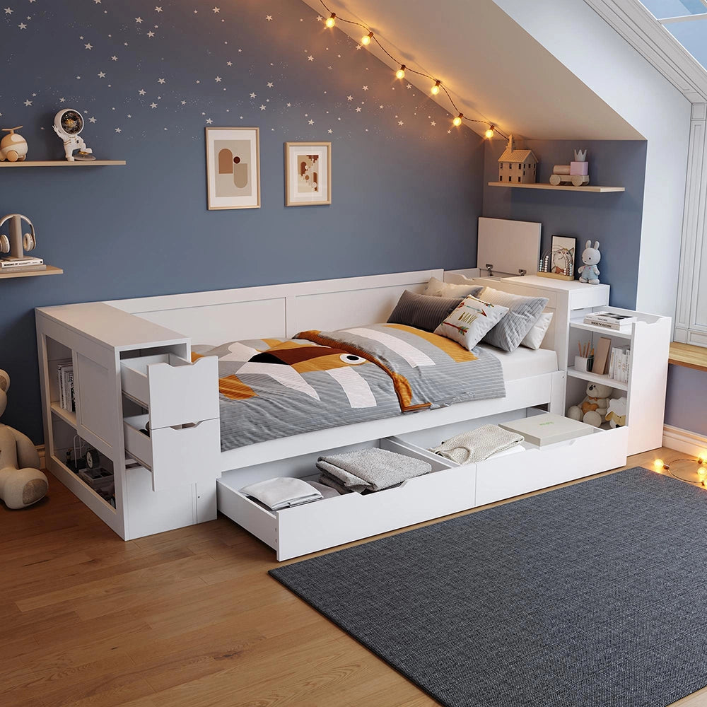 Letto singolo per bambini multifunzionale - Xylo - 90x190 cm - Bianco - Con cassetti e spazio di archiviazione