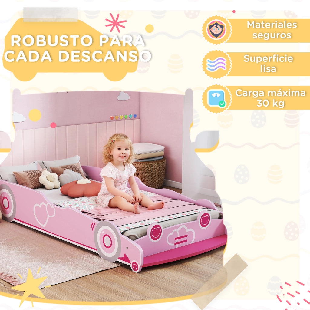 Letto Singolo Infantile con Testiera a Forma di Auto e Barriera Anticaduta ¨C Zephmum ¨C Rosa 70x140 cm