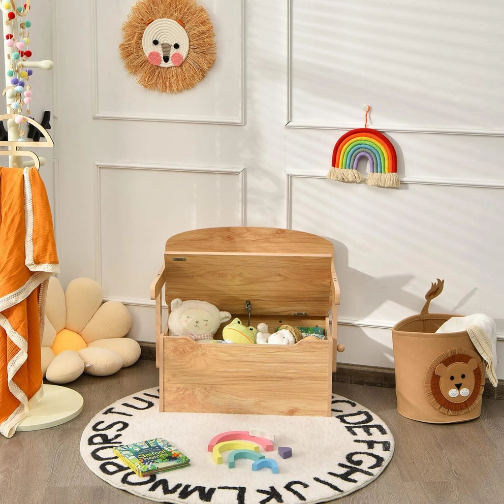 Cassapanca Contenitore 3 in 1 per Bambini Trasformabile in Legno con Scatola dei Giocattoli, Tavolo bambini con Sedie Multifunzione per 3-7 Anni (Naturale)