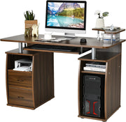 Scrivania con Cassetti, Vassoio per Tasteriera e Ripiani, Scrivania Porta PC e Stampante in Legno, Scrivania Salvaspazio Ideale per Studio e Ufficio, 120 x 55 x 85 cm (Noce)