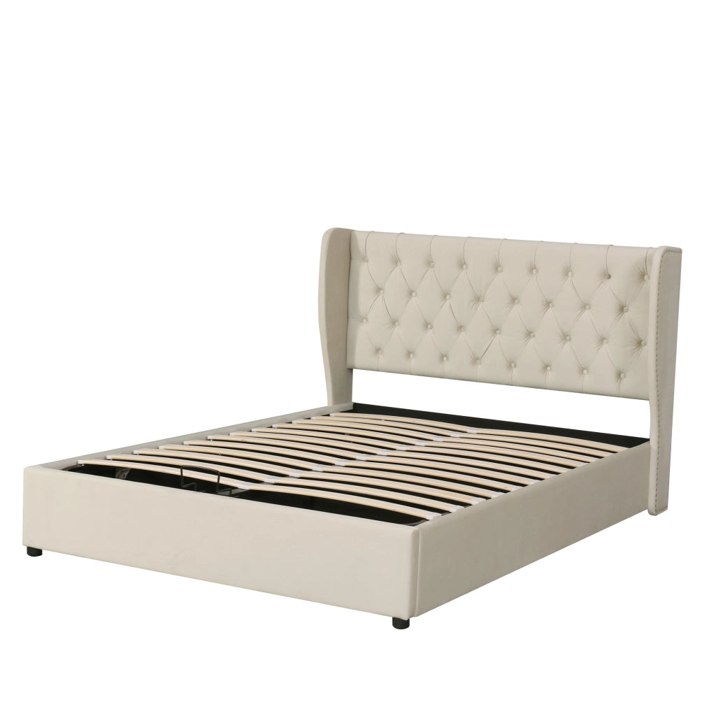 Letto Contenitore Letto Matrimoniale con Vano Idraulico e Testiera Imbottita 140 x 200 cm; senza Materasso; Beige