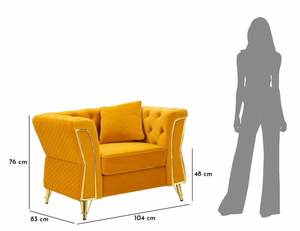 Poltrona Gabbiano, Seduta imbottita, Divano singolo da salotto, Sedia con braccioli, 104x83 h76 cm, Ocra e Oro