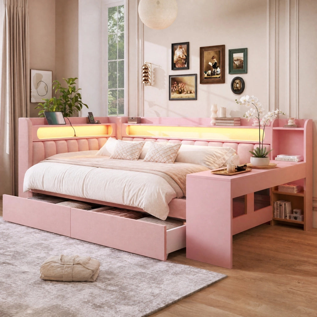 Daybed imbottito 140x200 cm con USB; LED; scrivania e 2 cassetti; rosa