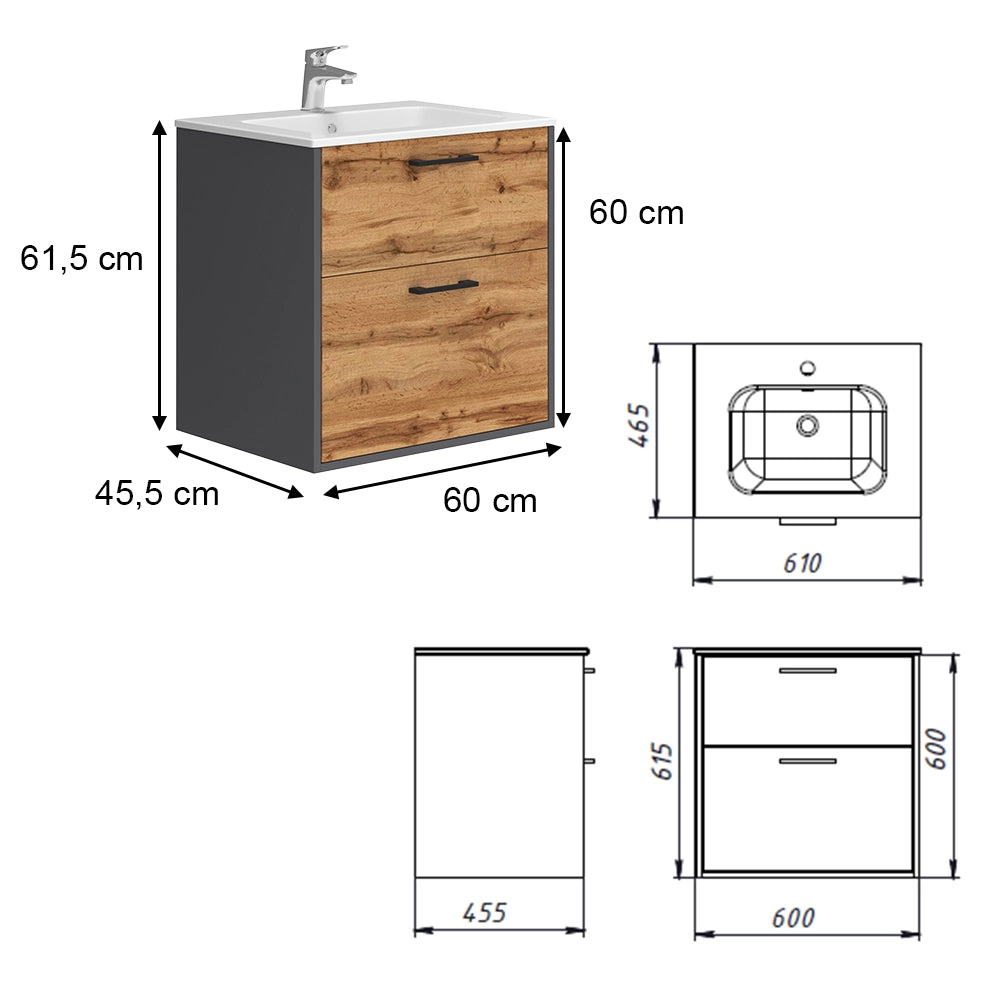Vicco Set di mobili da bagno Antracite/quercia dorata 61 x 61.5 cm con lavabo