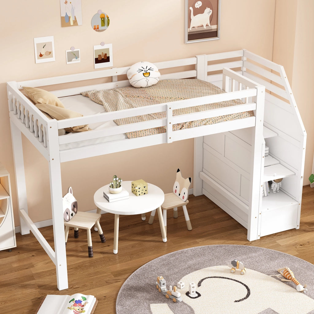 Letto a soppalco singolo 90×200 cm con sponde e scale contenitore; senza materasso; pino; bianco