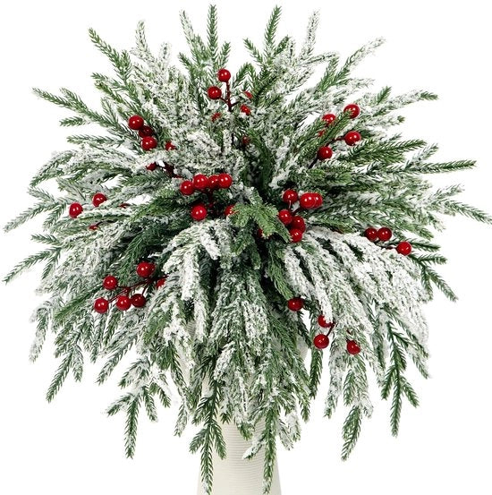 Set di Foglie di Pino Artificiale 38 cm - Pacchetto da 20 Pezzi - Neve Bianca - Foglie di Mirtillo - Imbottitura per Vaso - Senza Manutenzione