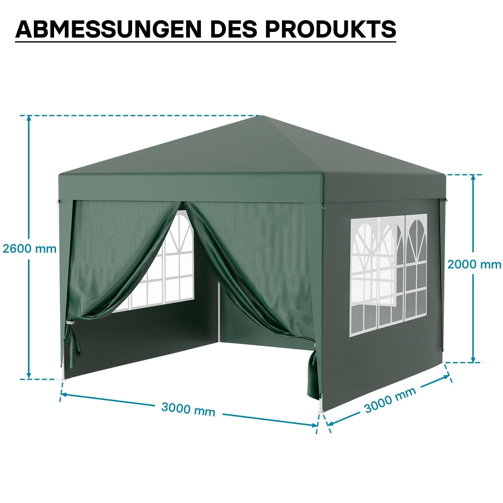 Gazebo 3 x 3 m in verde con protezione UV 50+, tendone da giardino con pareti laterali rimovibili, tenda da festa con finestre, ad esempio per terrazze e festival