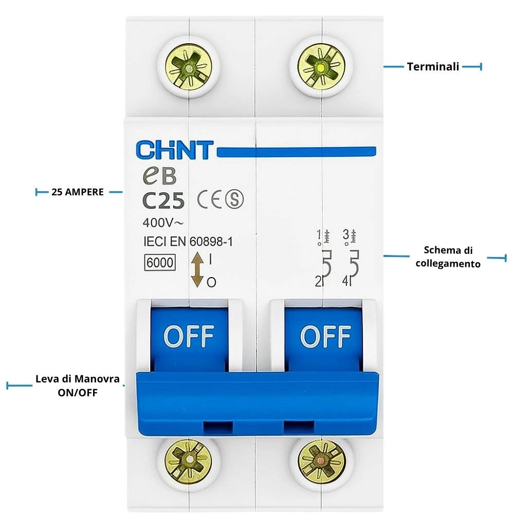Chint interruttori magnetotermici 1p+n curva c 4,5ka serie eb 2 moduli *** ampere 25 ampere, confezione 1