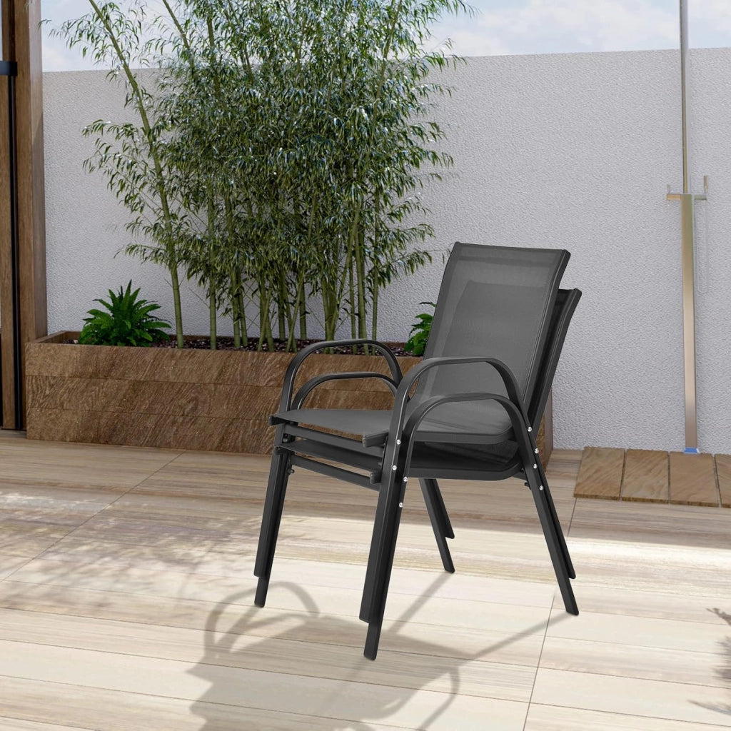 Set Mobili da Giardino 3 Pezzi, con Tavolo Rotondo in Vetro Temperato e 2 Sedie in Textilene Traspirante, per Esterno Balcone Giardino (Nero)