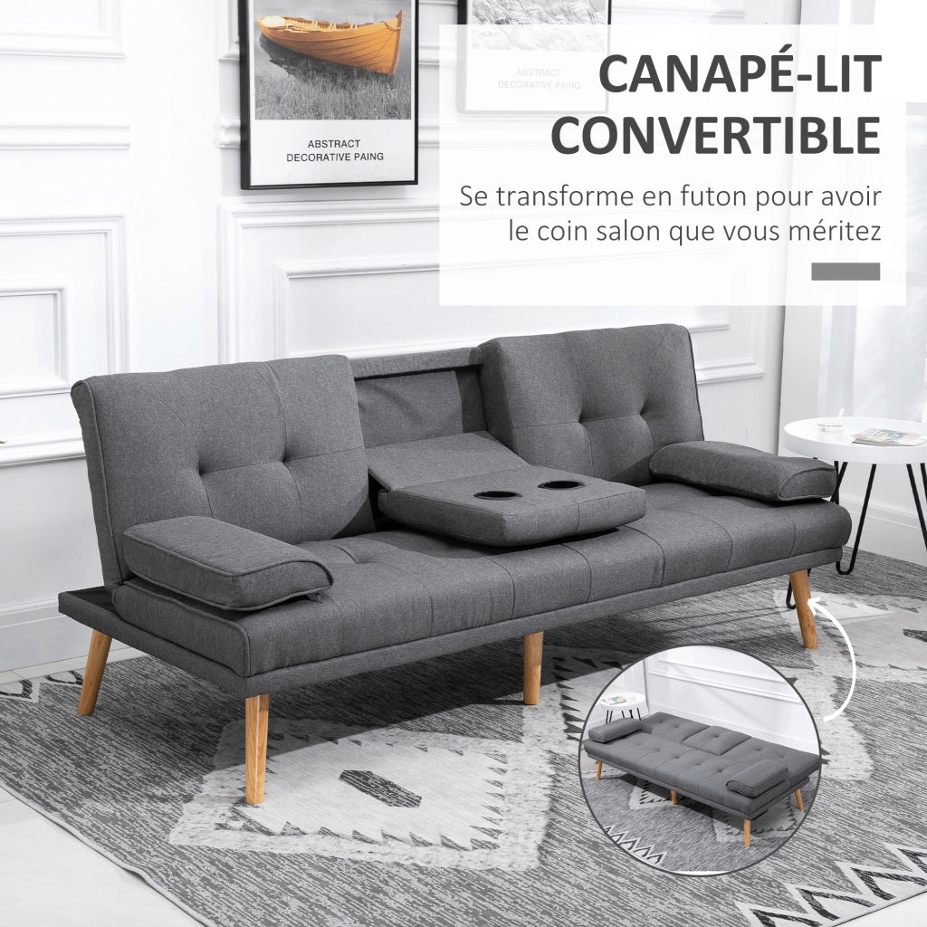 Divano letto 3 posti imbottito con schienale regolabile ¨C zephmum ¨C tessuto lino grigio scuro