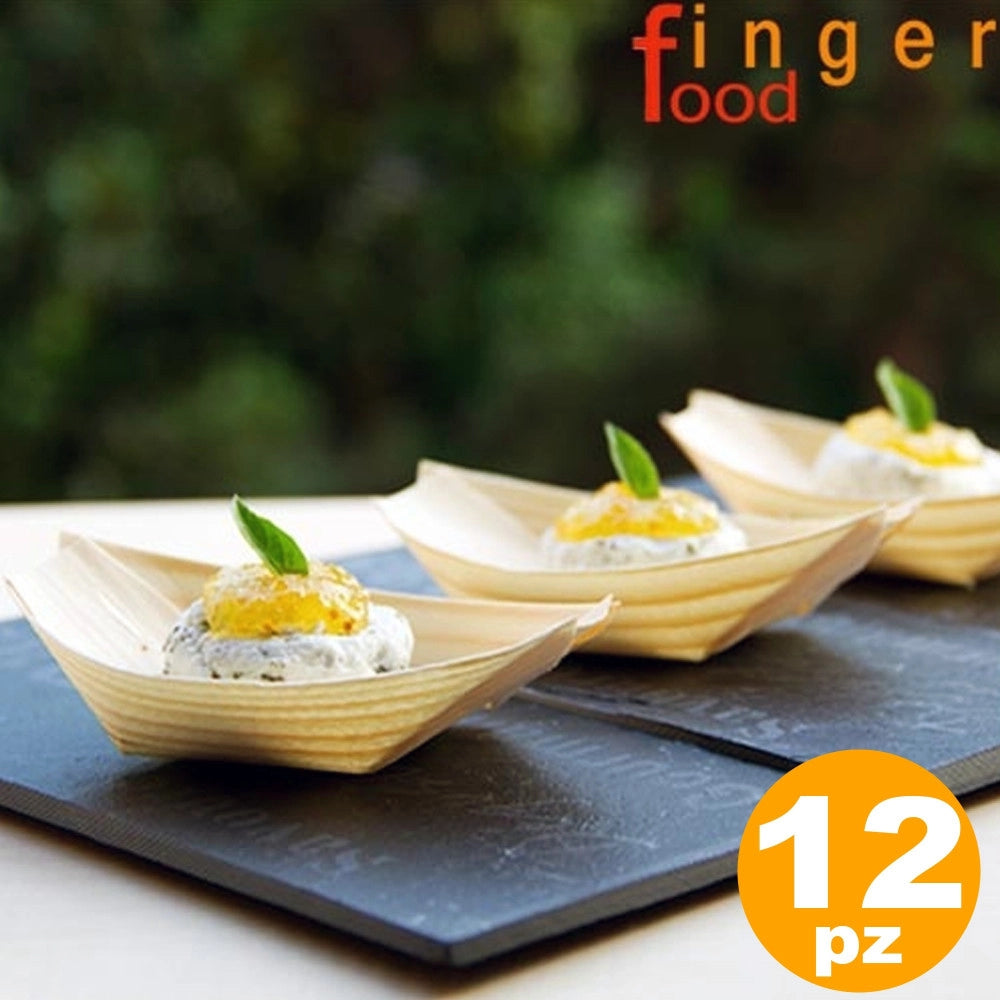 Trade Shop - Set 12 Barchette Finger Food In Fibra Di Pioppo Catering Aperitivo 12,5 X 7 Cm -