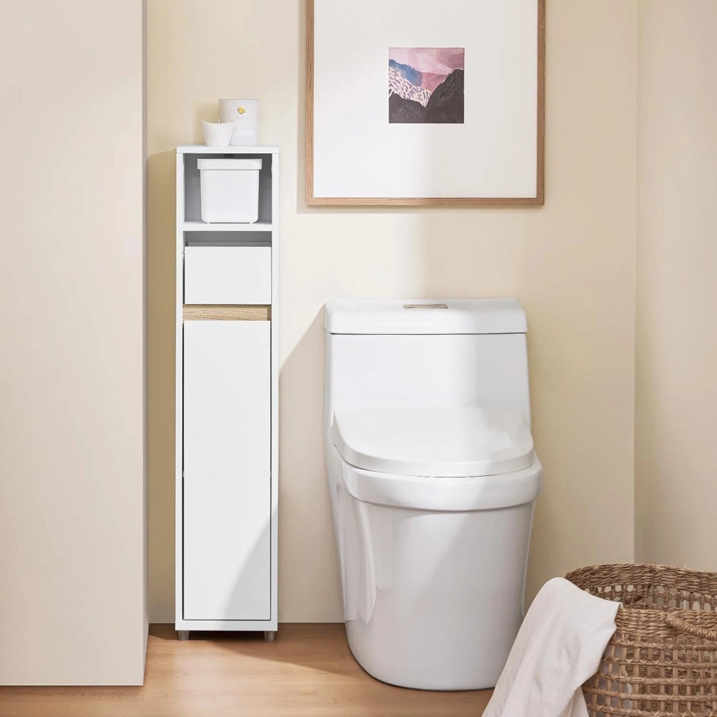 Mobiletto Bagno Salvaspazio Mobile Bagno Stretto (20 cm), Colonna Bagno Alta con Cassetto e Ripiani Regolabili, Mobile Almacenaje per Piccoli Spazi e WC, Bianco, 20x20x96 cm, BZR151-W