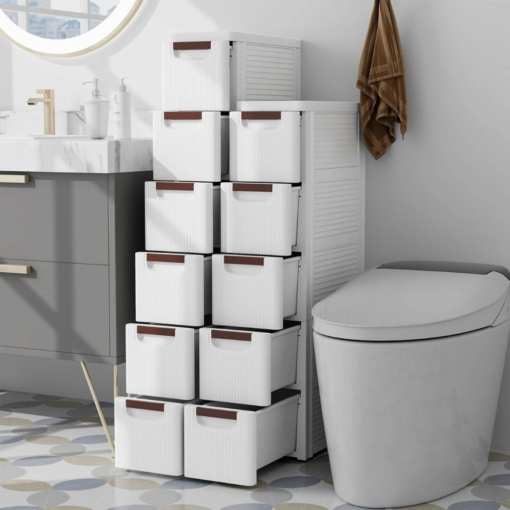 Mobiletto stretto con ruote, Carrello e organizzatore slim con 6 cassetti per spazi piccoli Bianco