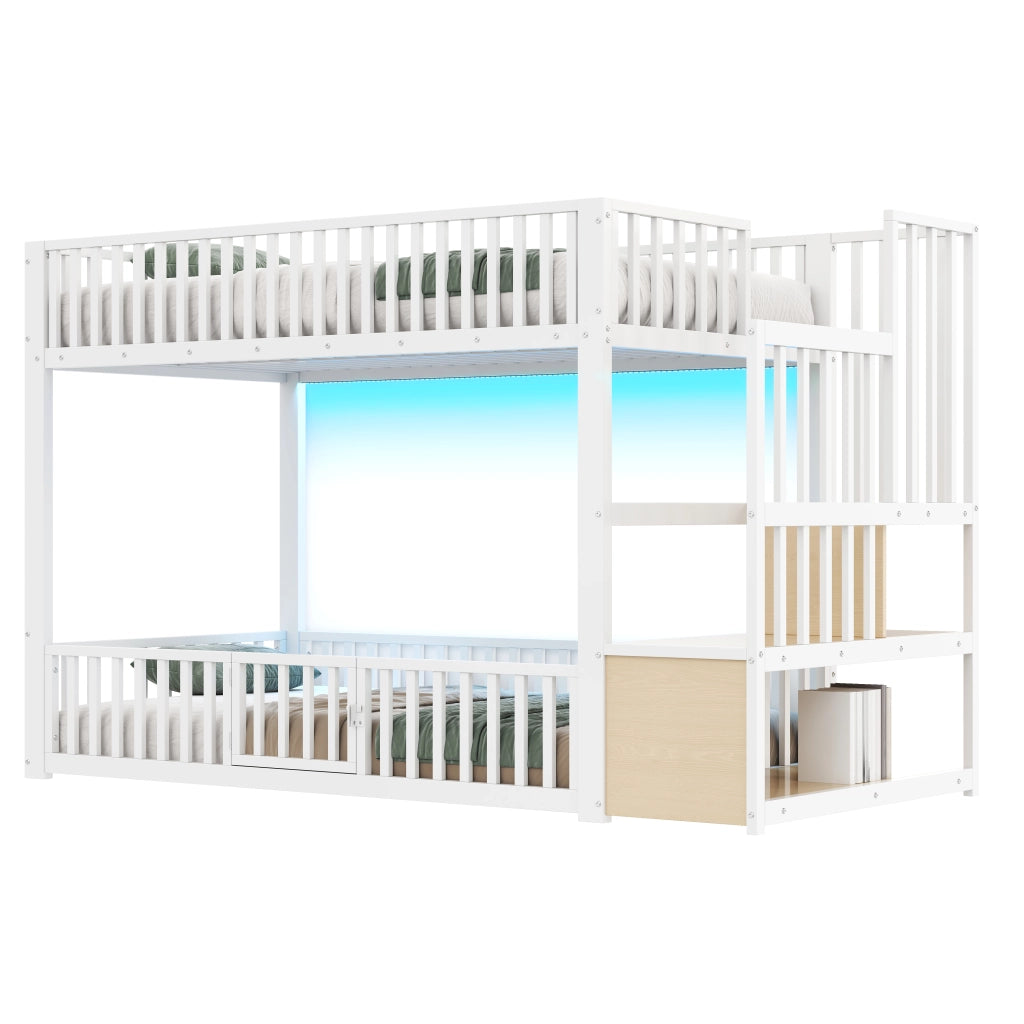 Letto a Castello 90x200 in Metallo Bianco con Scala Contenitore e LED Integrati