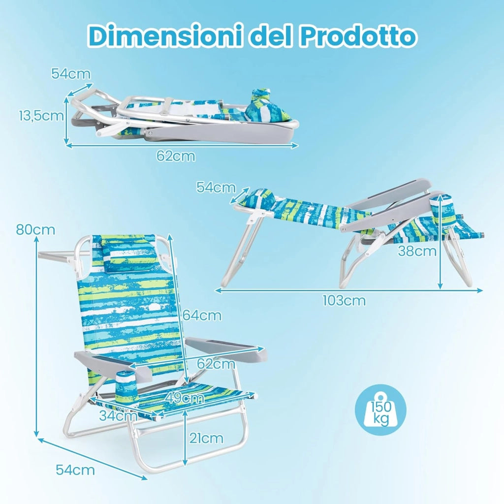 Set di 2 Sedie Pieghevole da Spiaggia, Lounge Sdraio con 5 Posizioni Regolabili, Poltrona da Mare con Cuscino, Porta Asciugamano, Braccioli & Portabicchieri, Portata 150 kg (Verde)
