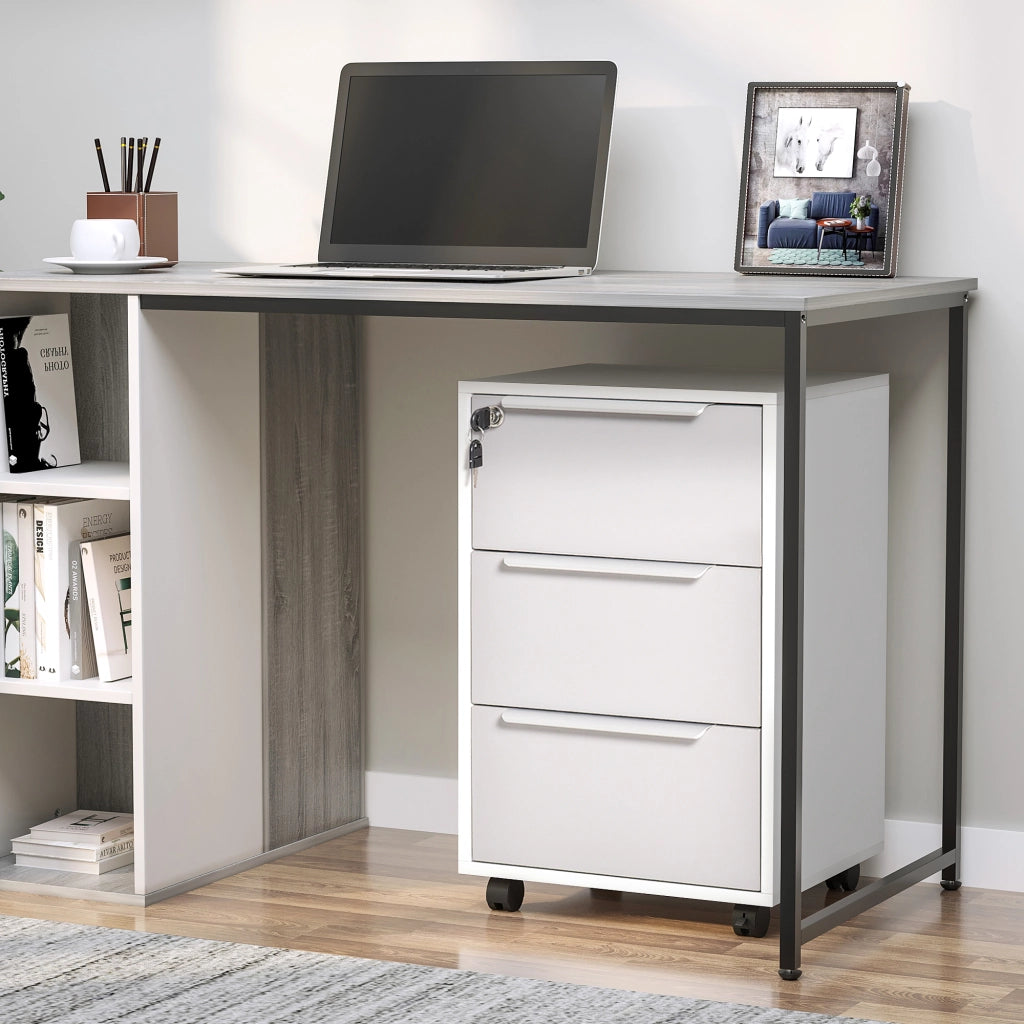 Cassettiera Portadocumenti a 4 Ruote 40x40x63,5 cm a 3 Cassetti con Chiavi di Sicurezza in MDF Bianco e Grigio